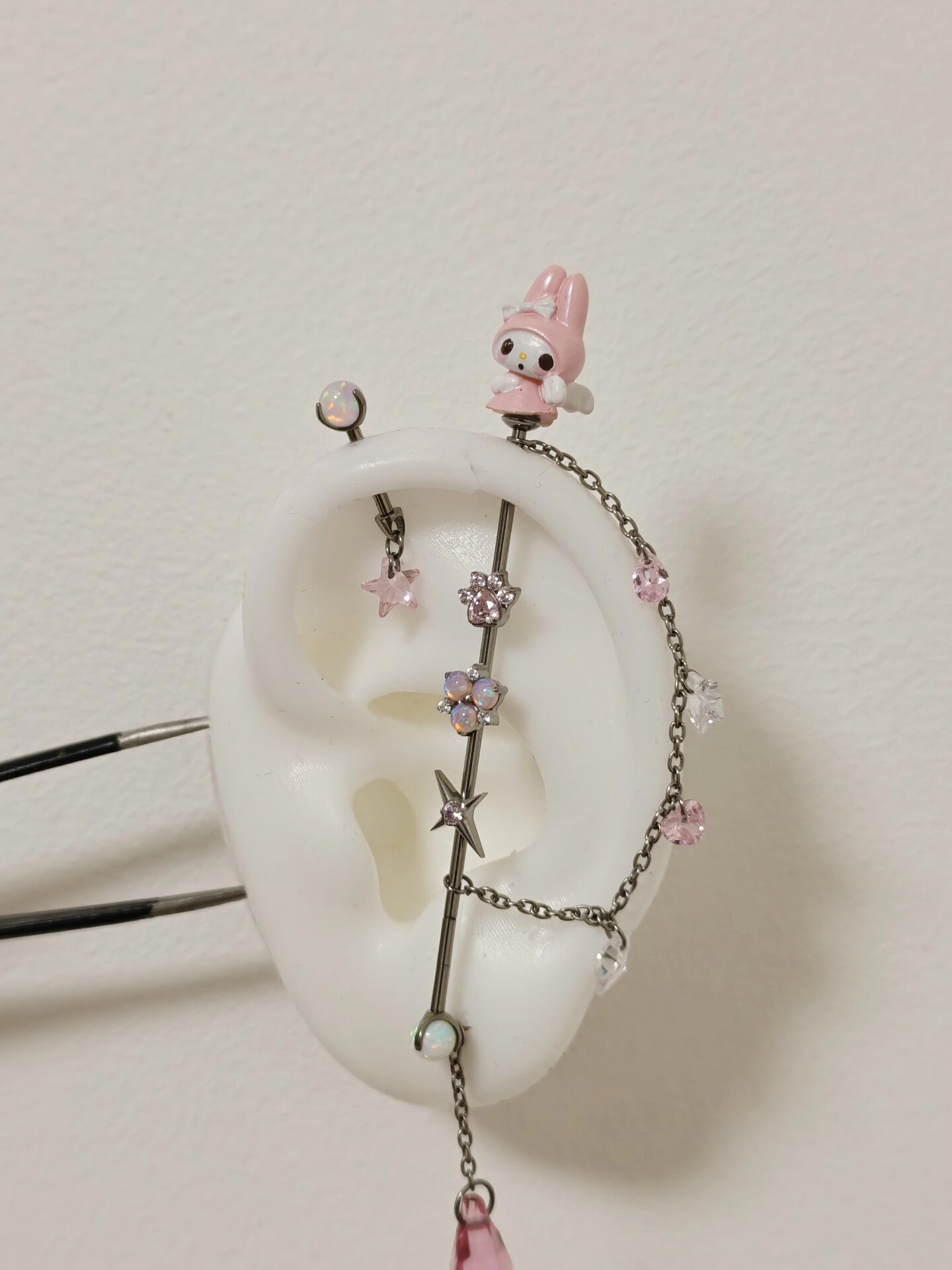 Titanium Alloy Ear Bridge and Stud Set with Chain, Star, Flower, and Gemstone Charms