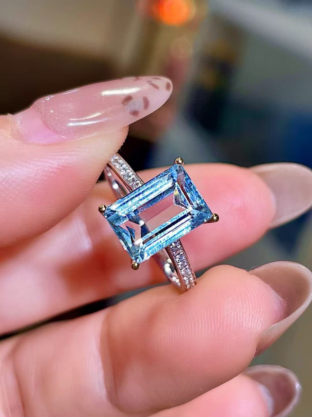 18K Two-Tone Gold Aquamarine and Diamond Ring with Emerald-Cut 2.78ct Center Stone