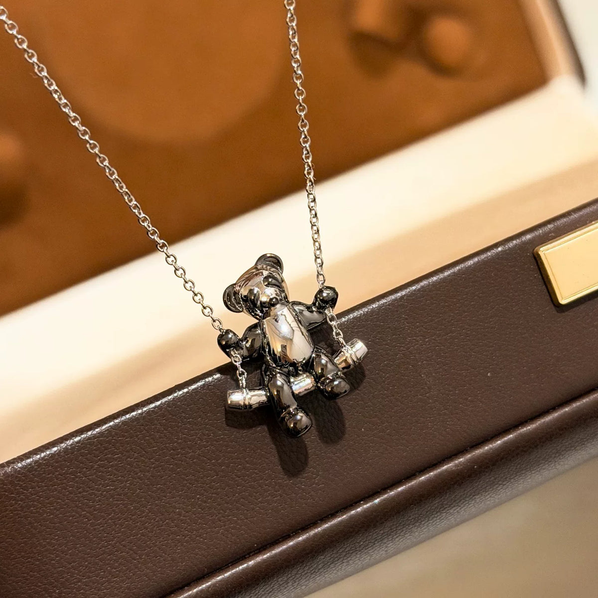 Sterling Silver Teddy Bear Swing Necklace