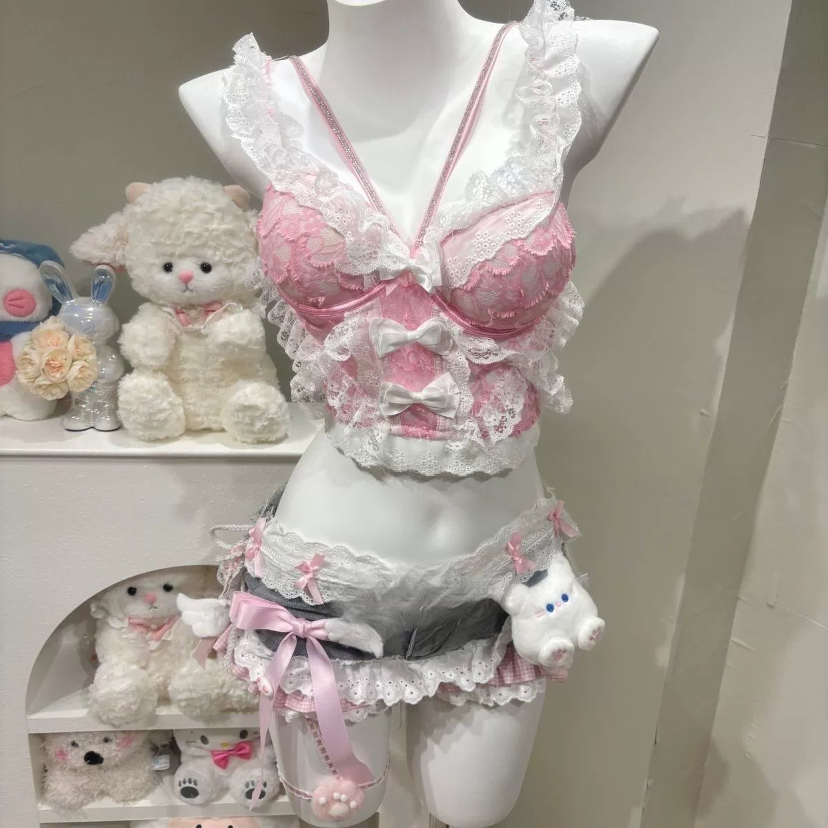 Pink Lace Cami Set with Denim Shorts
