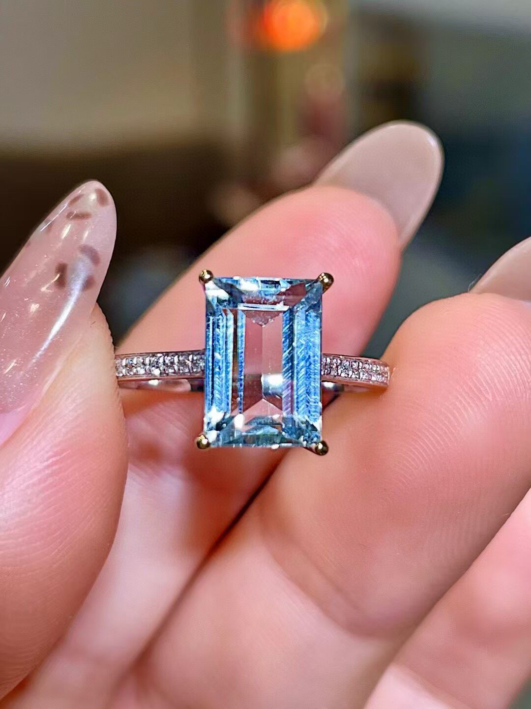 18K Two-Tone Gold Aquamarine and Diamond Ring with Emerald-Cut 2.78ct Center Stone