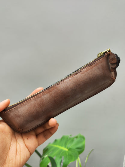 Handmade Leather Pencil Case, Imported Waxed Vegetable-Tanned Cowhide, Croissant Charm