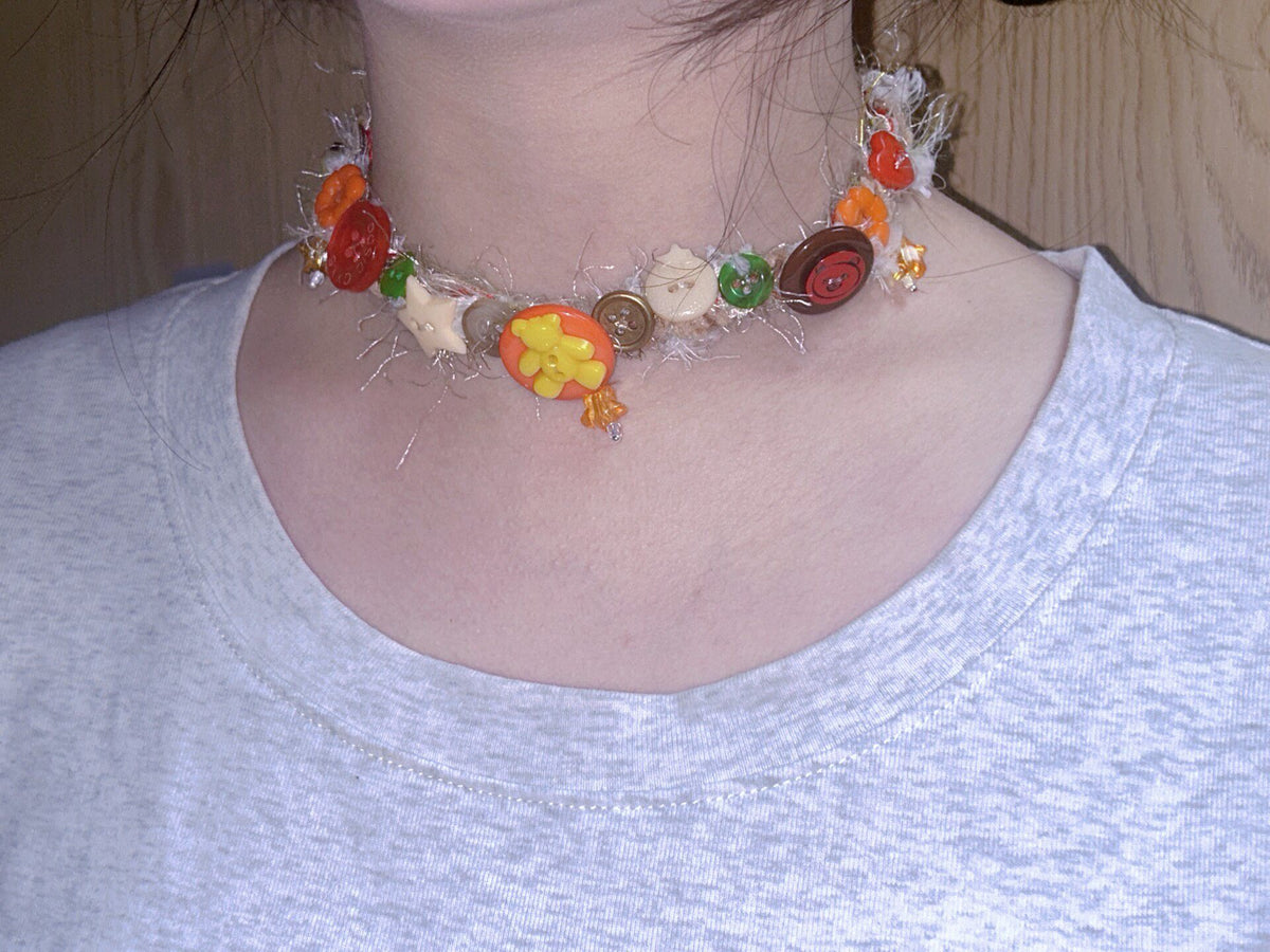 Brown Mixed Fiber Bear Button Choker