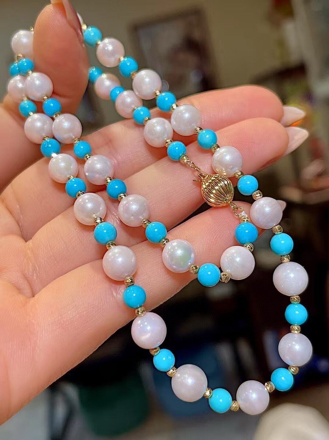Akoya Pearl and Turquoise Necklace, 6.5-7mm Pearls, 18K Gold Clasp