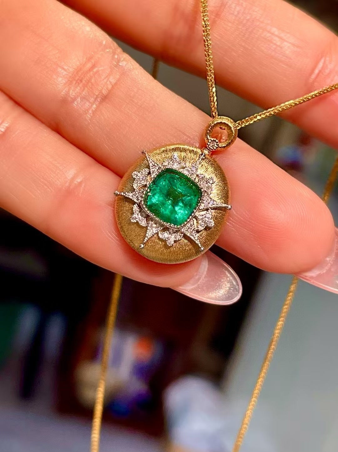 18K Gold Cushion-Cut Emerald and Diamond Pendant with Hand-Textured Frame