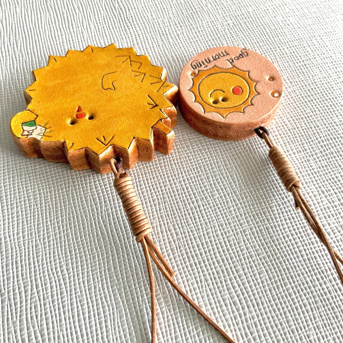 Handmade Leather Durian and Sun Charm Pendant Set for Bags, Keys, and Journals