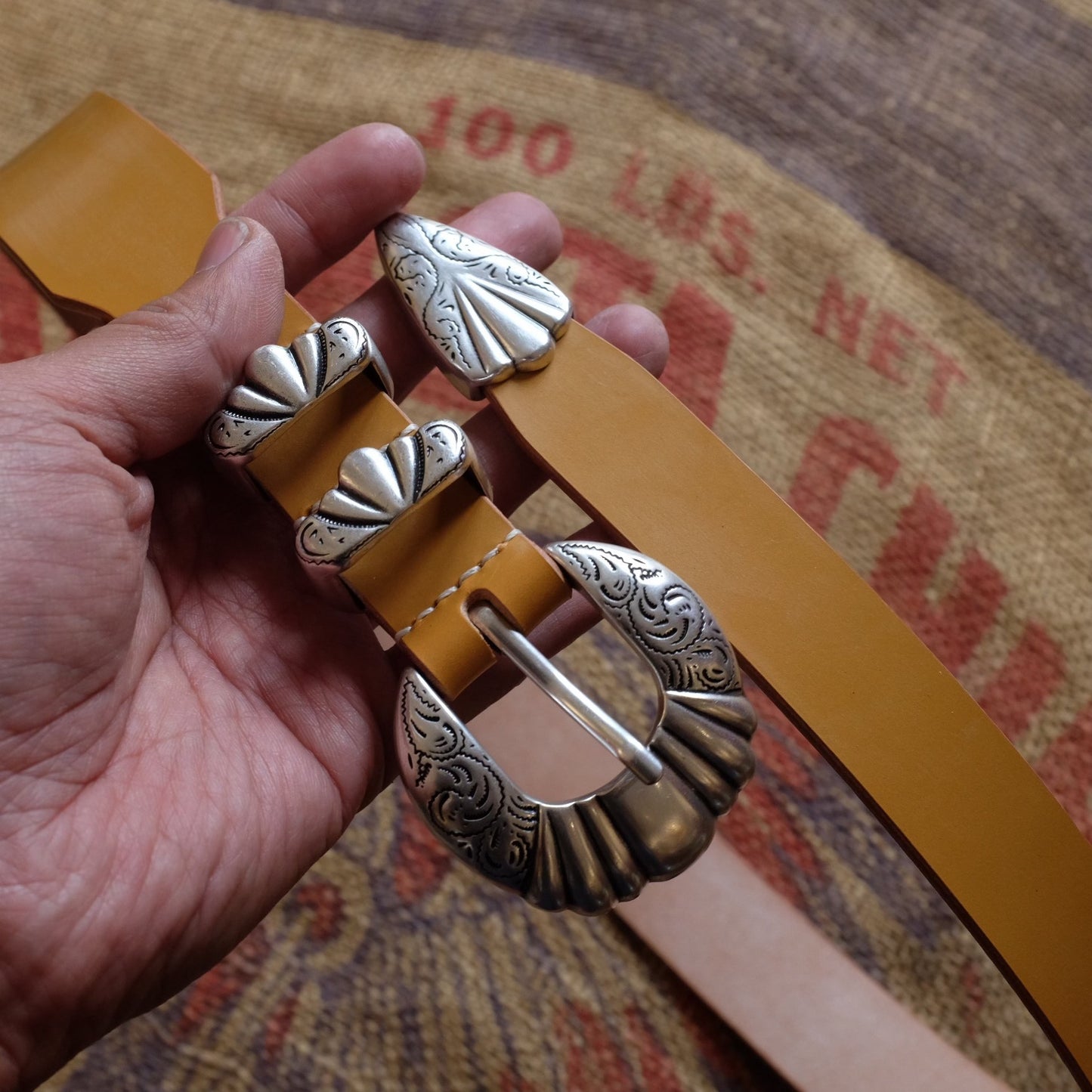 American Retro Carved Four-Piece Belt Set with Silver-Plated Copper Hardware and Tapered Leather Strap