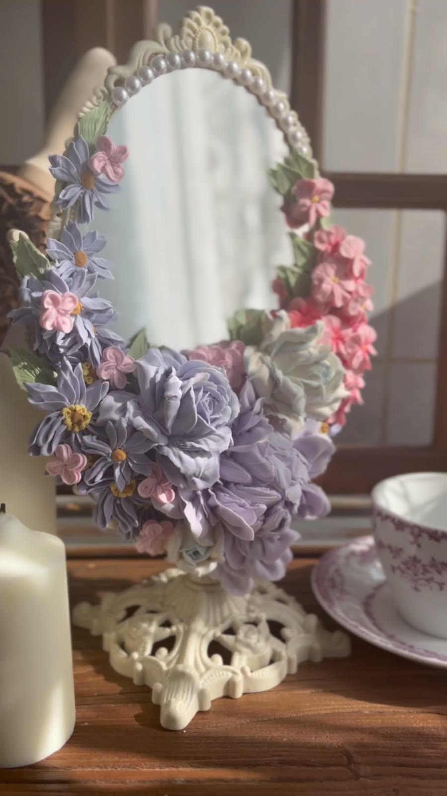 Handcrafted Clay Flower Oval Mirror