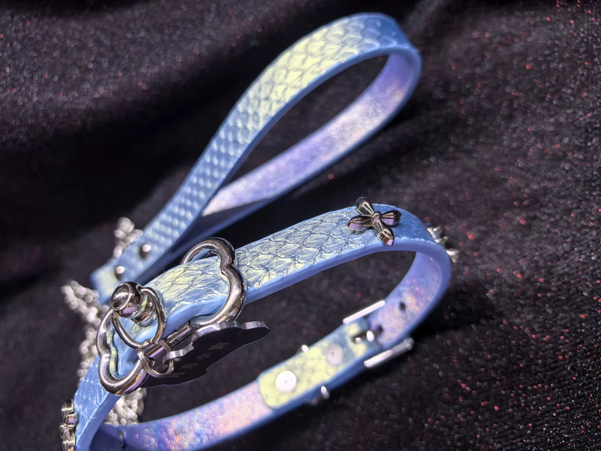 Ensemble collier et laisse écailles de serpent bleu or iridescent
