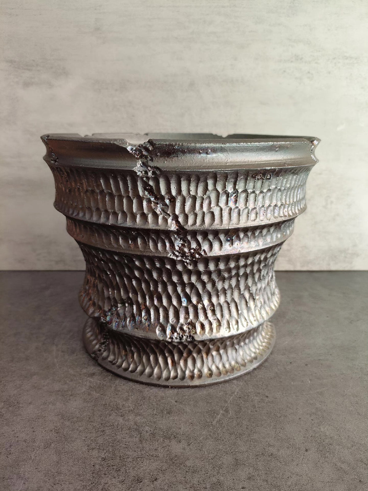 Cast Iron Decorative Container with Embossed Bands