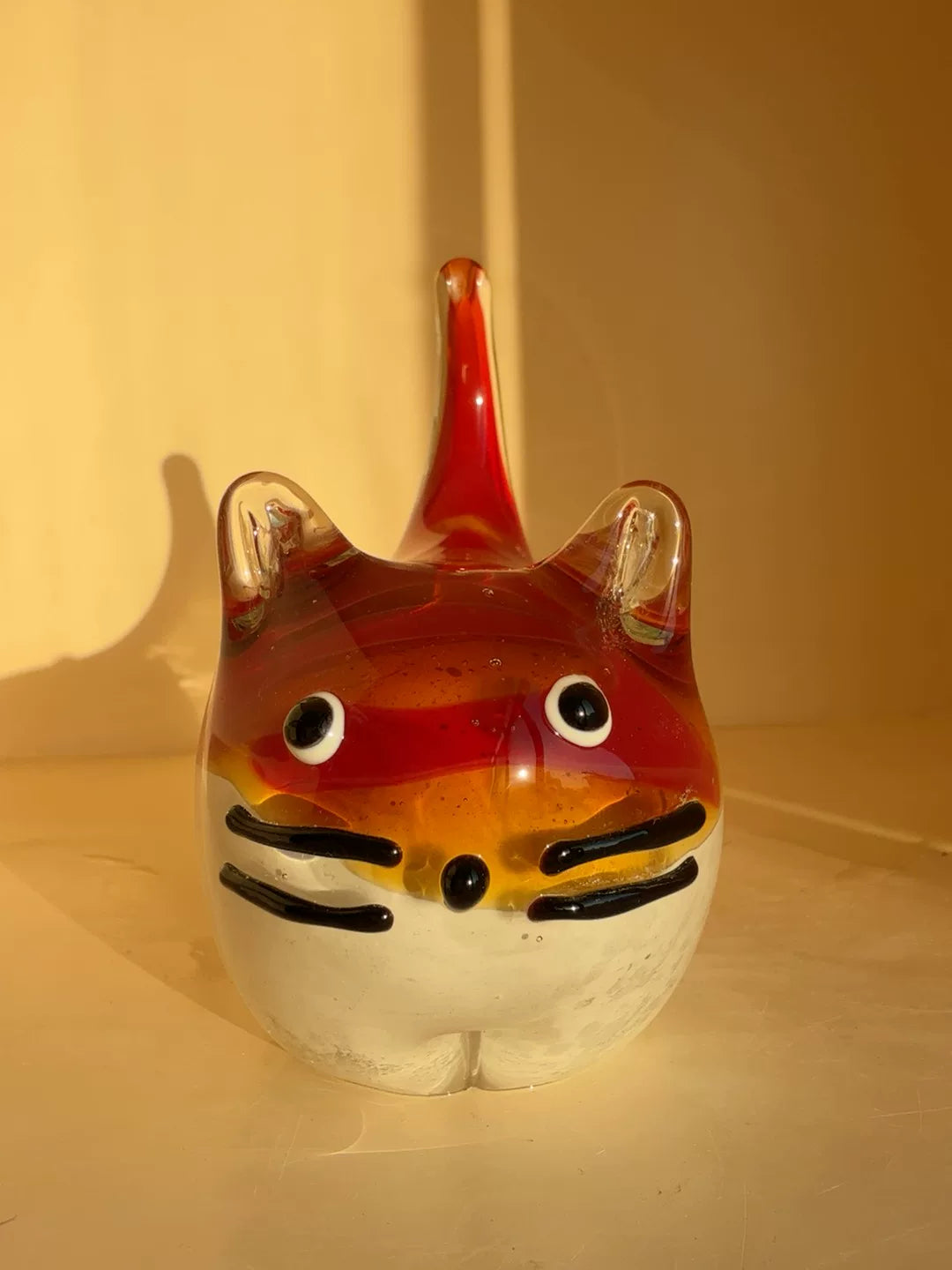 Vintage Glass Cat Figurine Yellow Red Striped
