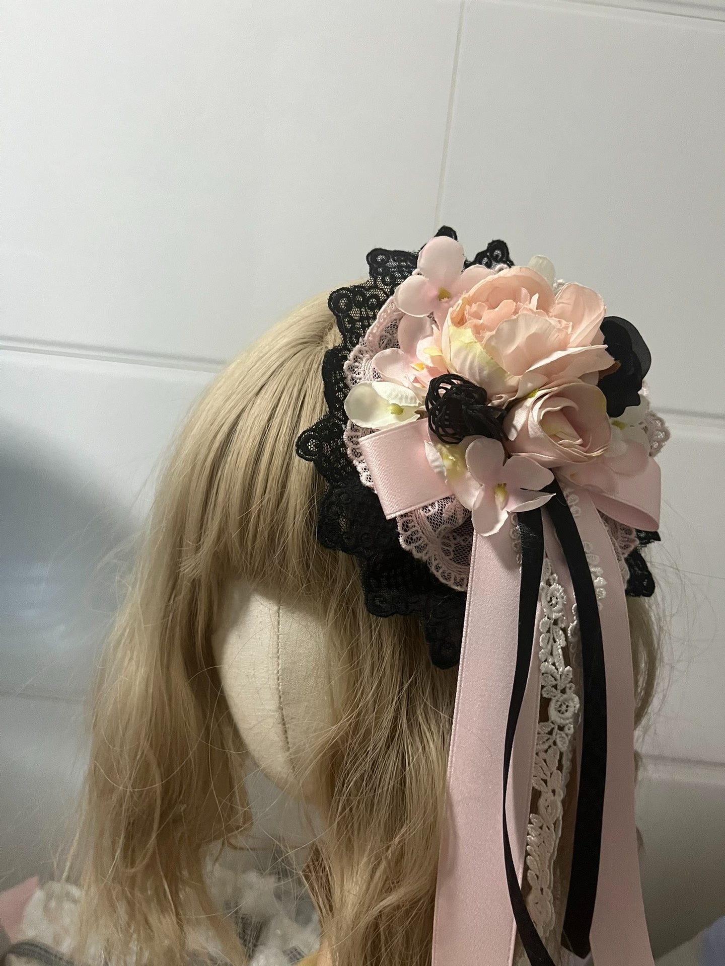 Black Pink Floral Lolita Handcrafted Hair Accessory with Lace and Ribbon