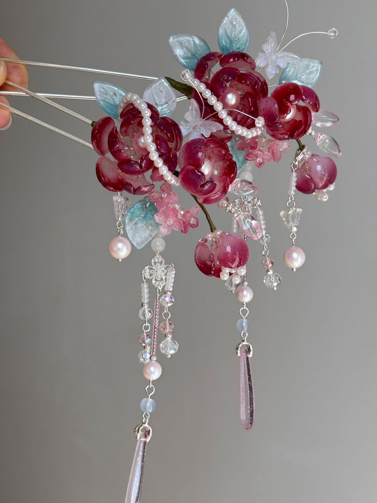 Liuli Glass Floral Hair Fork with Tassels