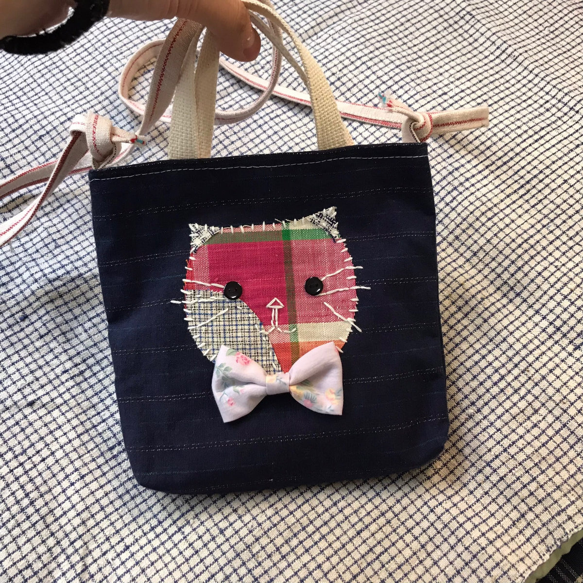 Handmade Navy Striped Cat Fabric Shoulder Bag