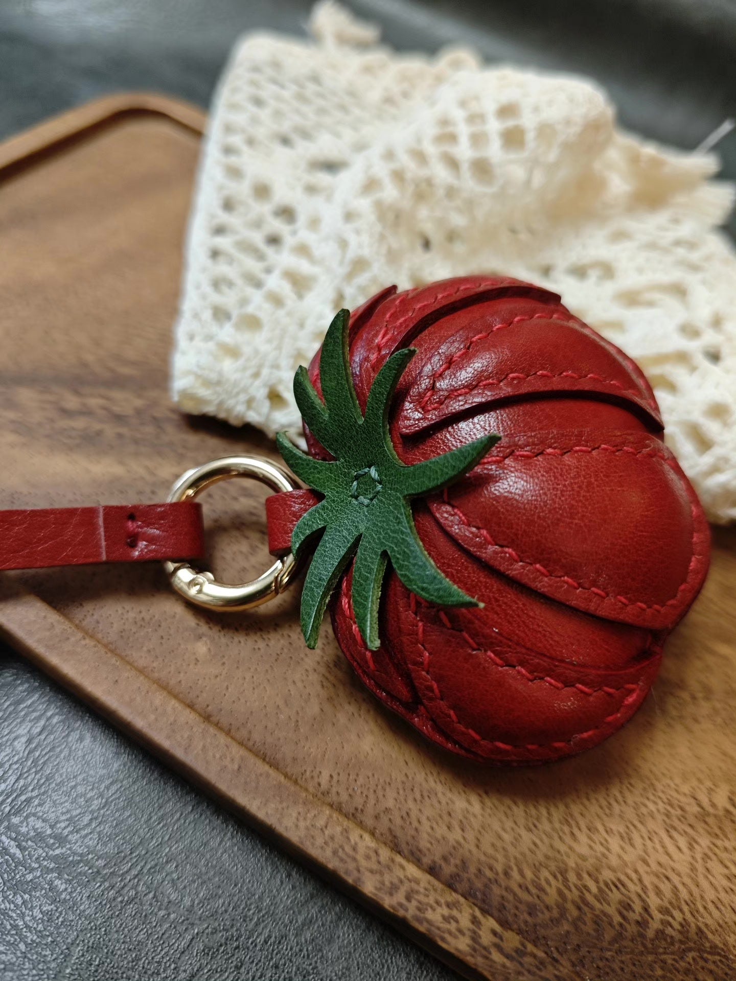 Tomato Leather Keychain with Green Calyx and Gold Ring