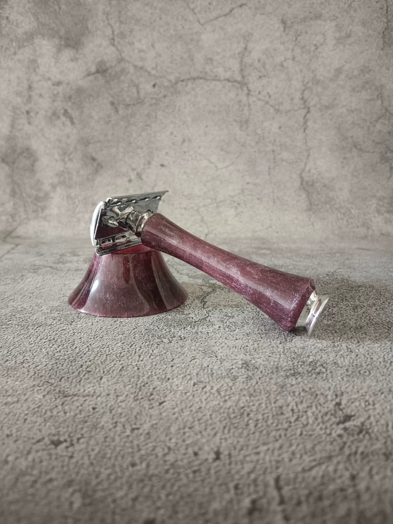 Burgundy Marbled Resin Safety Razor and Stand