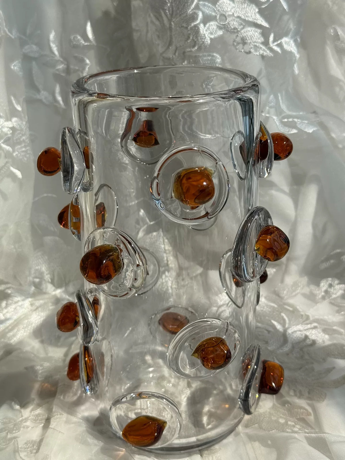 Vaso Cililíndrico de Vidro Transparente Vintage com Acentos em Âmbar