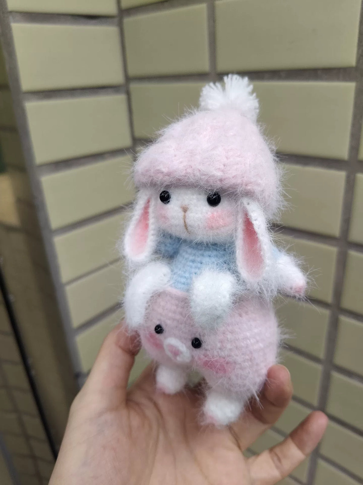 Handmade Crochet Rabbit Plush with Pig Figure