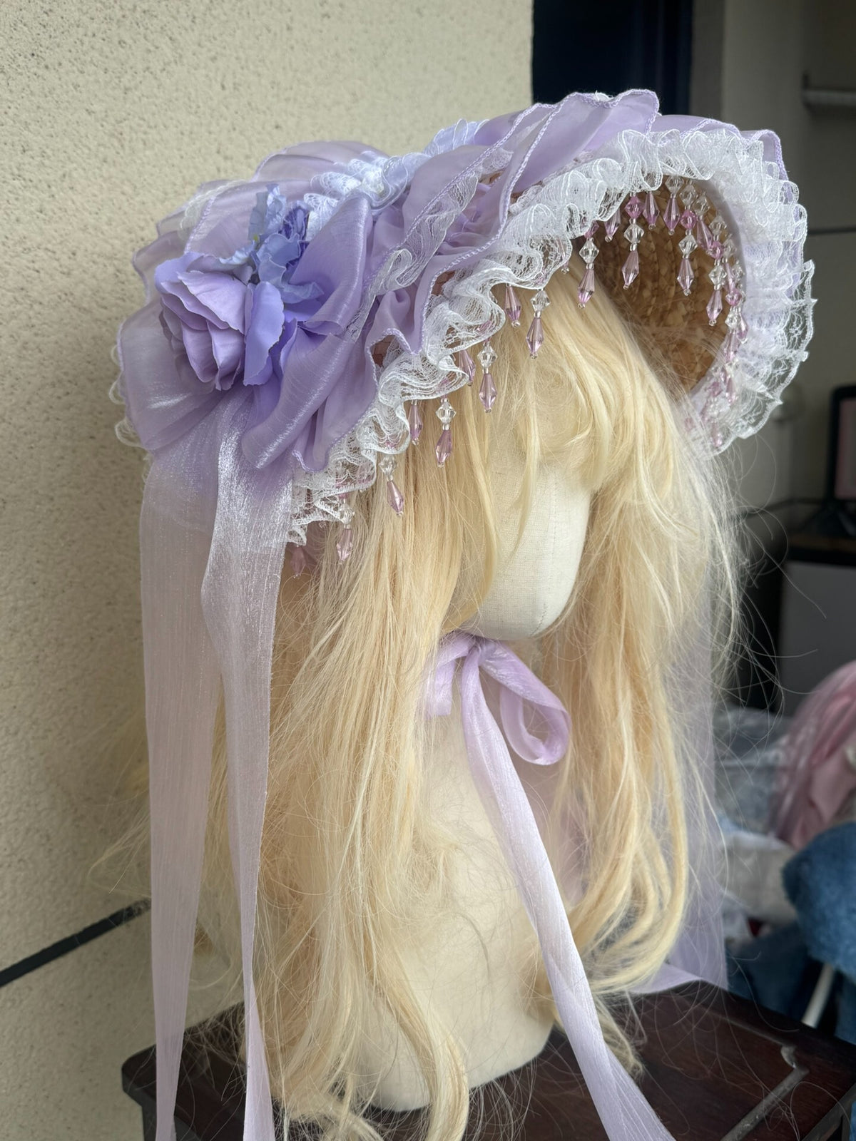 Handmade Lavender Lace Bonnet Straw Hat
