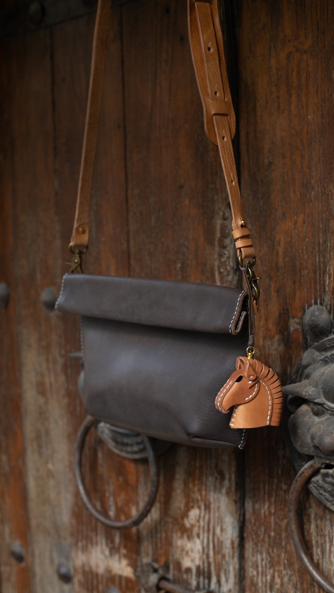 Grey Oil-Wax Leather Shoulder Bag