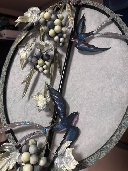 Custom Tang-Style Fan with Wild Grapes and Swallows on Silk