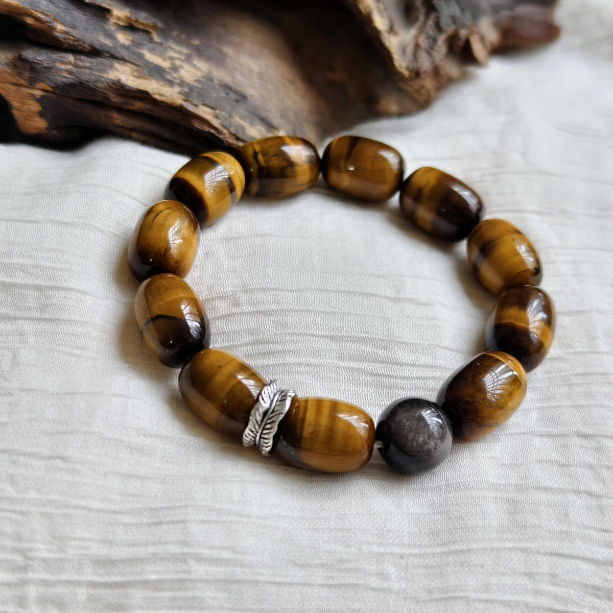 Yellow Tiger's Eye Silver Obsidian Beaded Bracelet