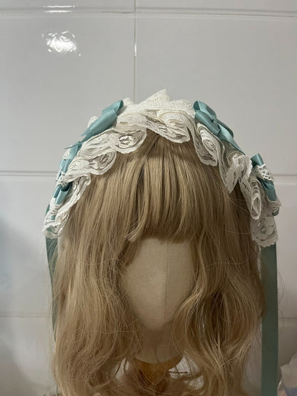 Handmade Lolita Lace Hairband with Bean Green Satin Bows