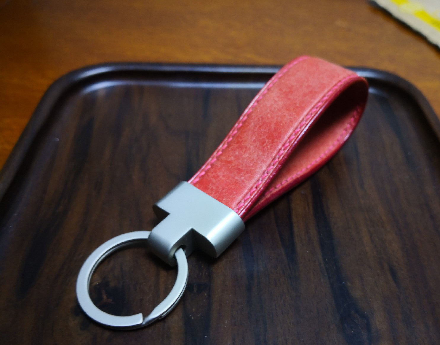 Pink Leather Loop Keychain with Contrast Stitching