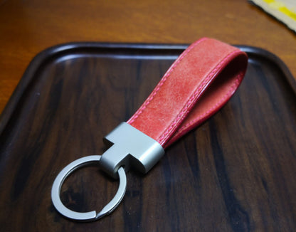 Pink Leather Loop Keychain with Contrast Stitching