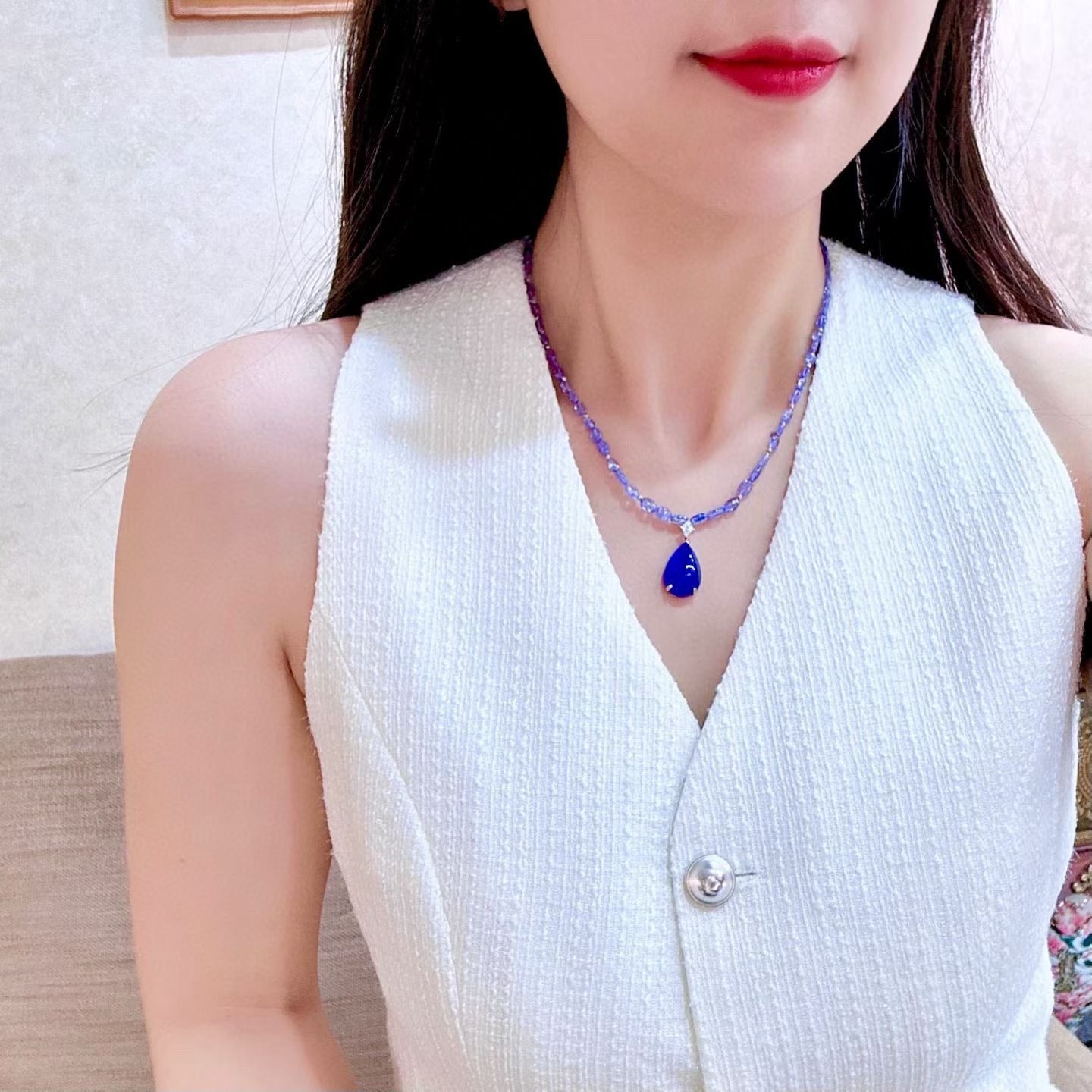 Deep Blue Teardrop Tanzanite Pendant Necklace with Violet Gemstone Chain