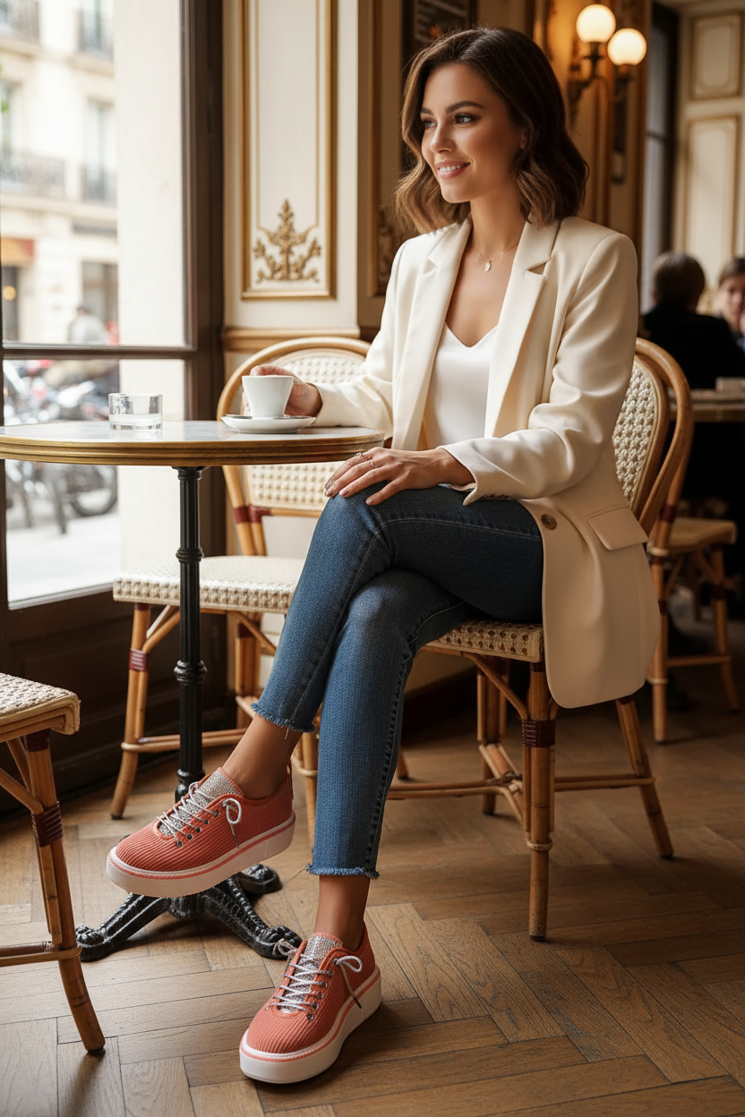 Mannequin en café parisien - sneakers corail