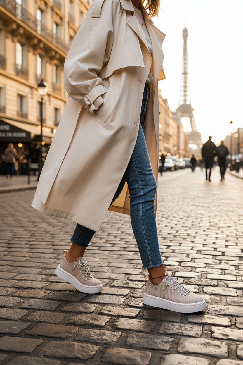 Mannequin en rue parisienne - sneakers beige