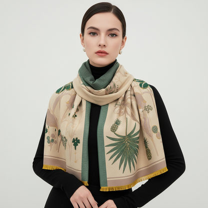 Mannequin européenne avec foulard beige tropical