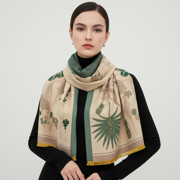 Mannequin européenne avec foulard beige tropical
