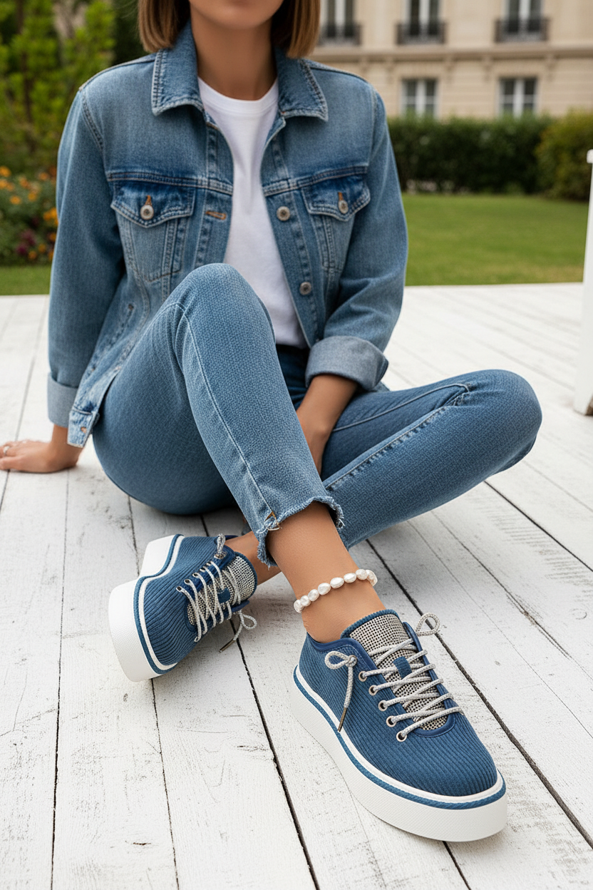 Mannequin française avec sneakers bleu