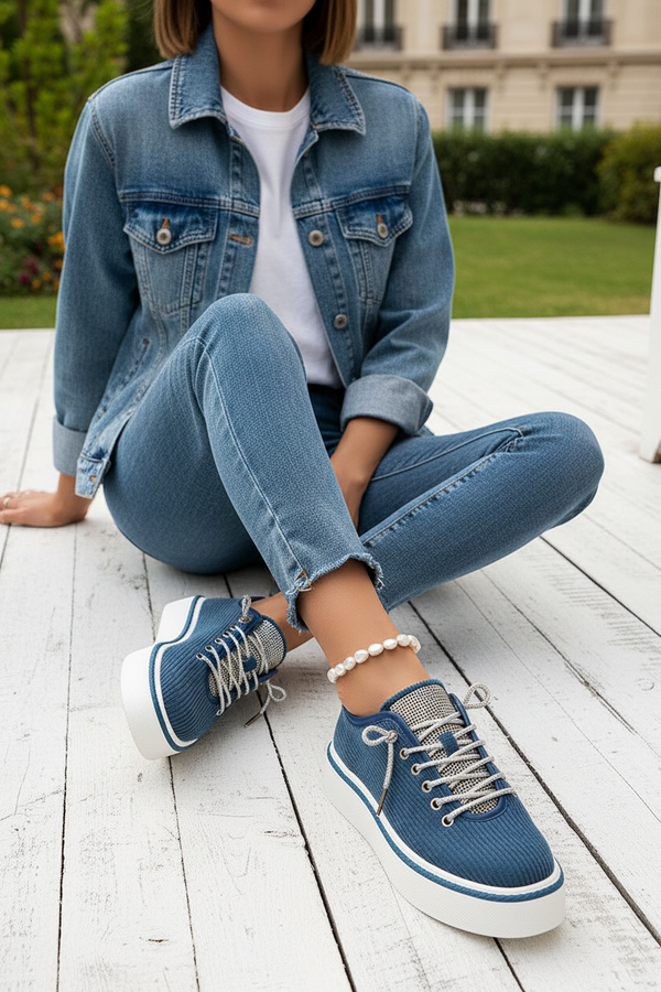 Mannequin française avec sneakers bleu