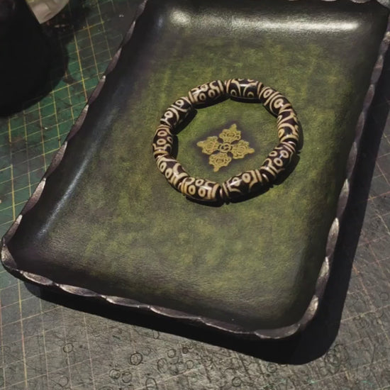 Antique Green Leather Rectangular Tray with Gold Carved Center and Scalloped Edges