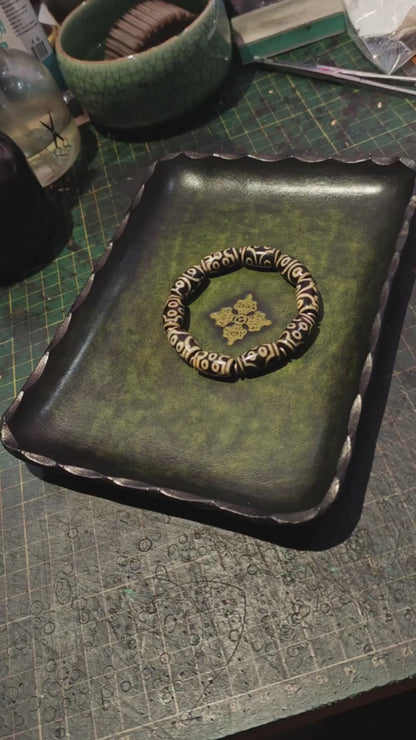 Antique Green Leather Rectangular Tray with Gold Carved Center and Scalloped Edges