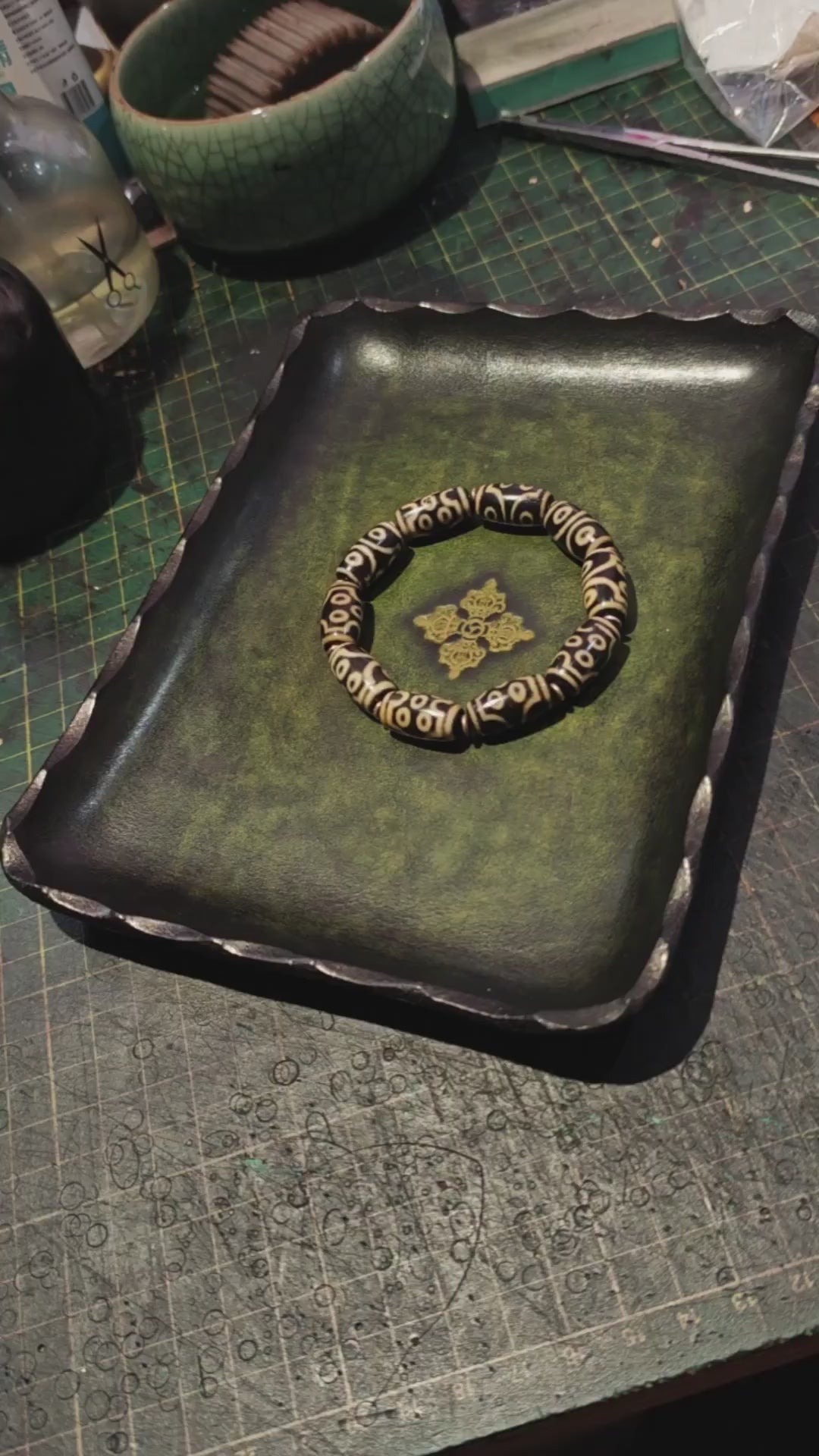 Antique Green Leather Rectangular Tray with Gold Carved Center and Scalloped Edges - Video 1