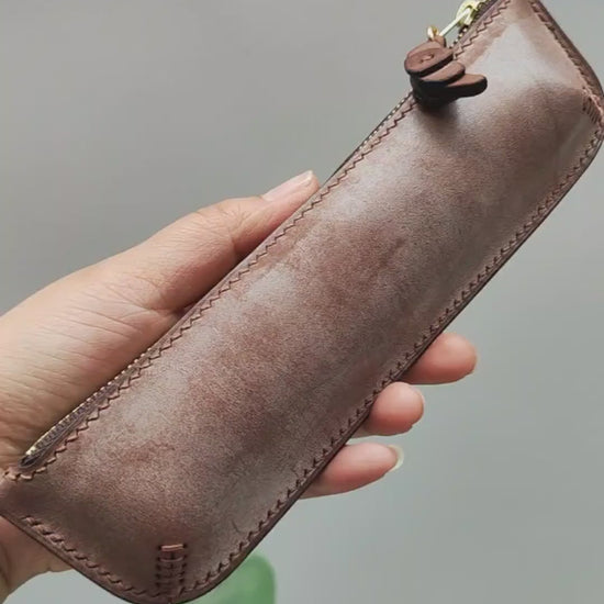 Handmade Leather Pencil Case, Imported Waxed Vegetable-Tanned Cowhide, Croissant Charm