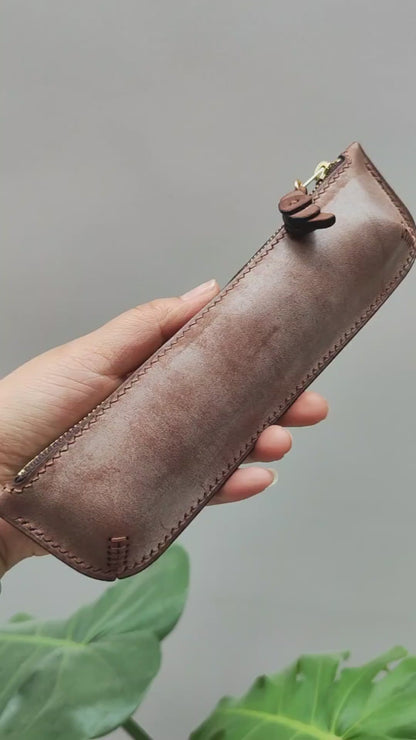 Handmade Leather Pencil Case, Imported Waxed Vegetable-Tanned Cowhide, Croissant Charm
