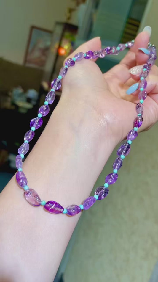 Freeform Amethyst and Turquoise Bead Necklace, 44cm