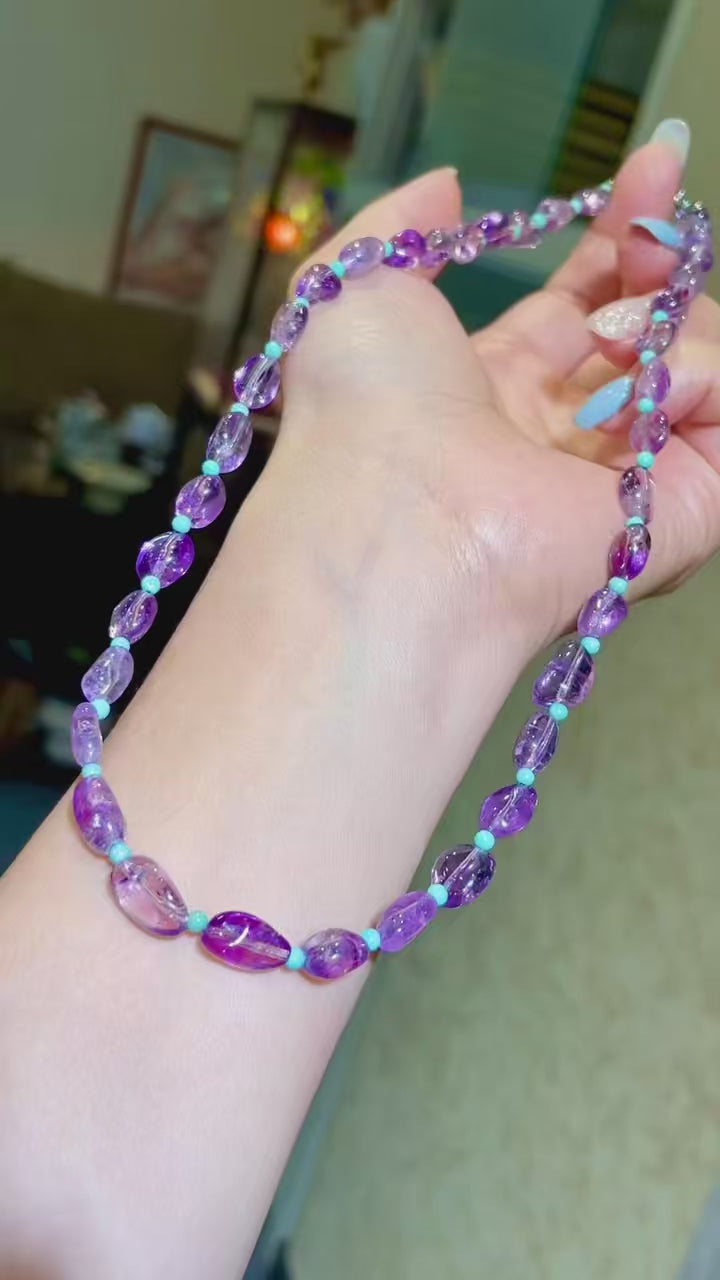 Freeform Amethyst and Turquoise Bead Necklace, 44cm - Video 1