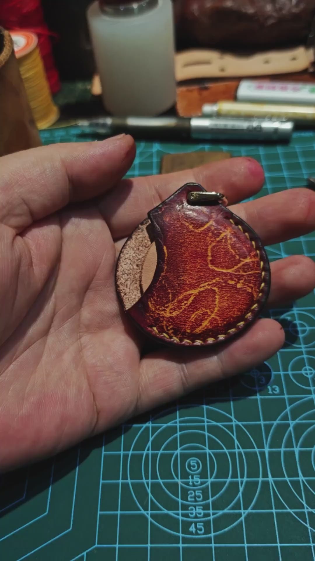 Handcrafted Natural Cowhide Leather Case for Nine Palace Eight Trigrams Talisman with Embossed Design and D-Ring