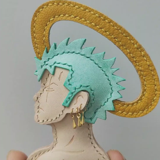 Handmade Leather Profile Charm with Teal Hair and Yellow Strap