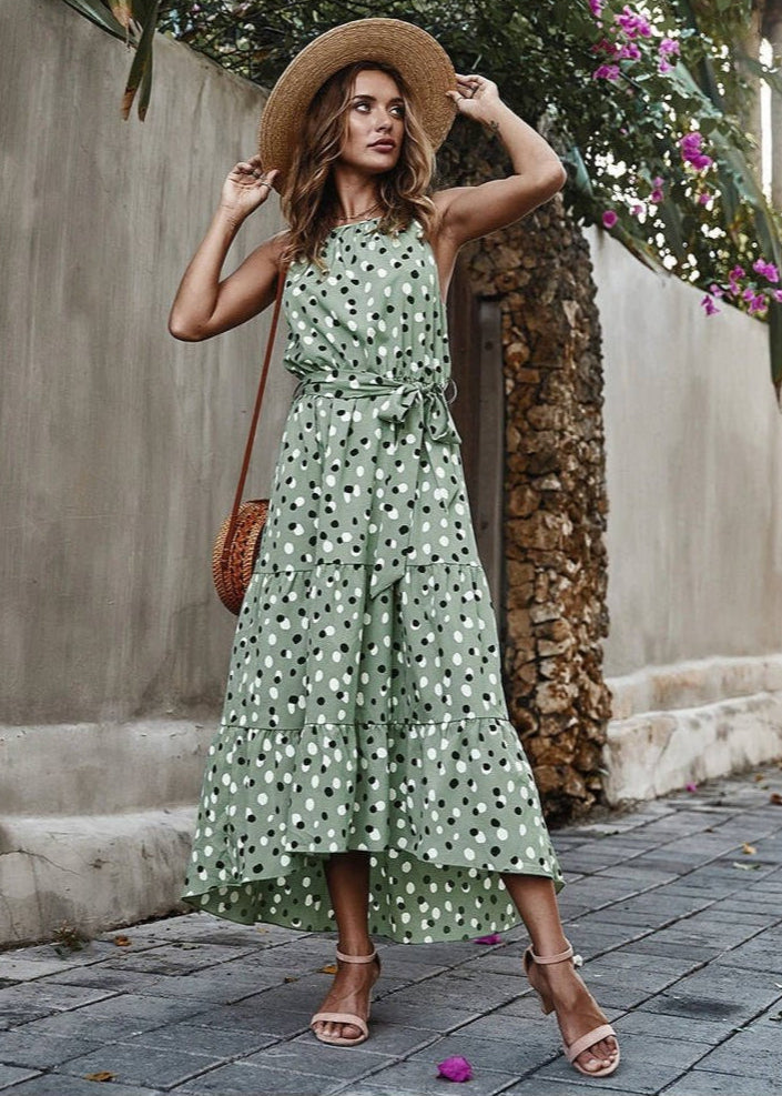 Robe Longue Bohème De Plage Pois Vert